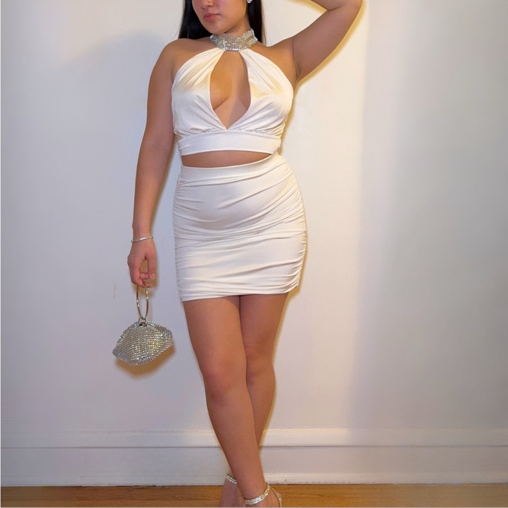 Elegant White Halter Dress with Silver Accents